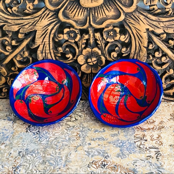 Other - 2 Mexican Glazed Pottery Hand Made Painted Salsa Footed Bowls Chili 🌶 Motif